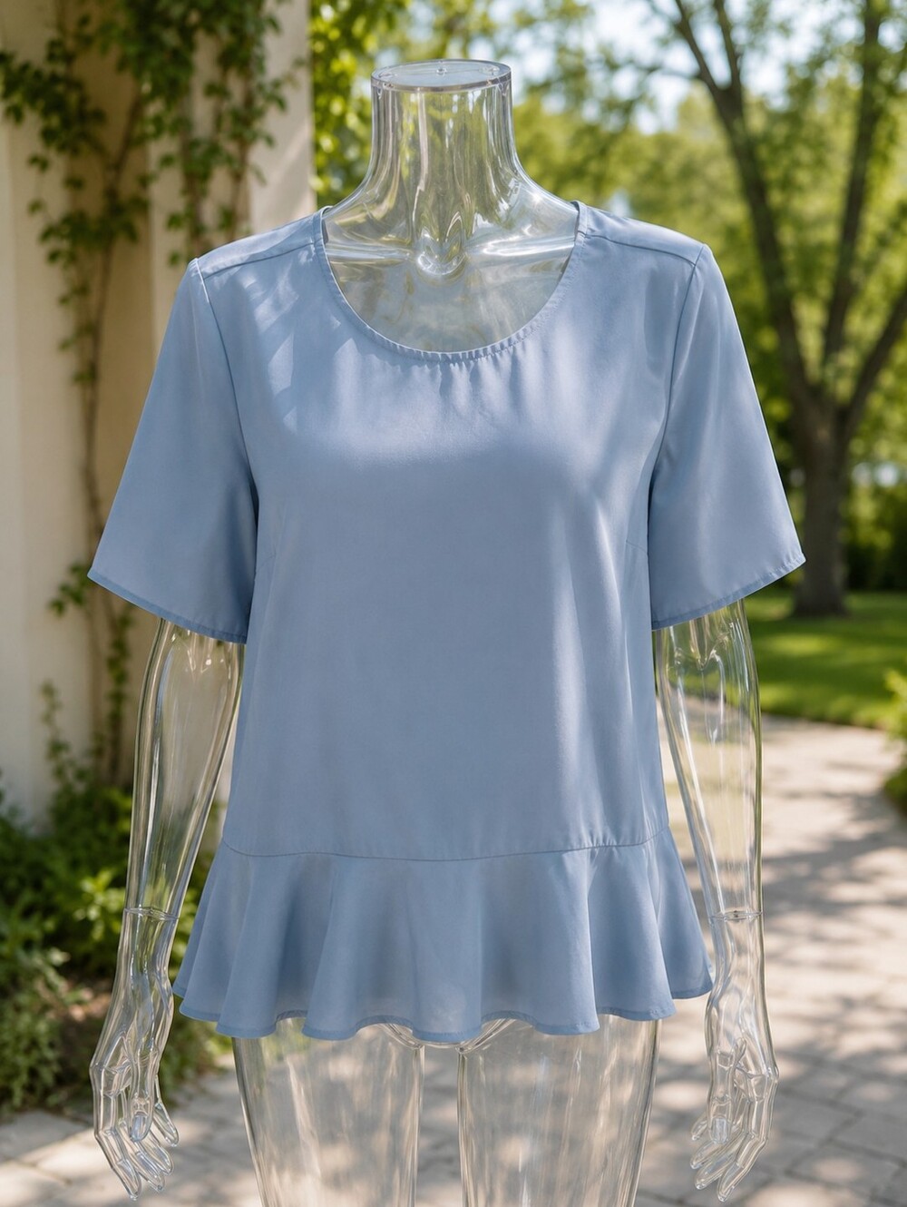 Time and Tru Light Blue Peplum Top Women’s Large Hi Low Blouse Short Sleeve